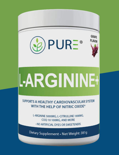 PURE L-Arginine+ grape flavor supplement with nitric oxide support – front label shown on green and blue background.