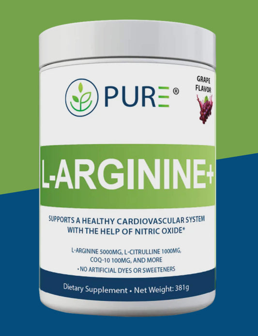 PURE L-Arginine+ grape flavor supplement with nitric oxide support – front label shown on green and blue background.