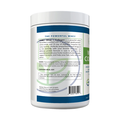 PURE® Whey + Collagen Protein Powder | 848g, 27g Protein, 28 Servings, Vanilla Bean and Blueberry Pancake, Muscle Recovery, Skin & Joints, USA-Made!
