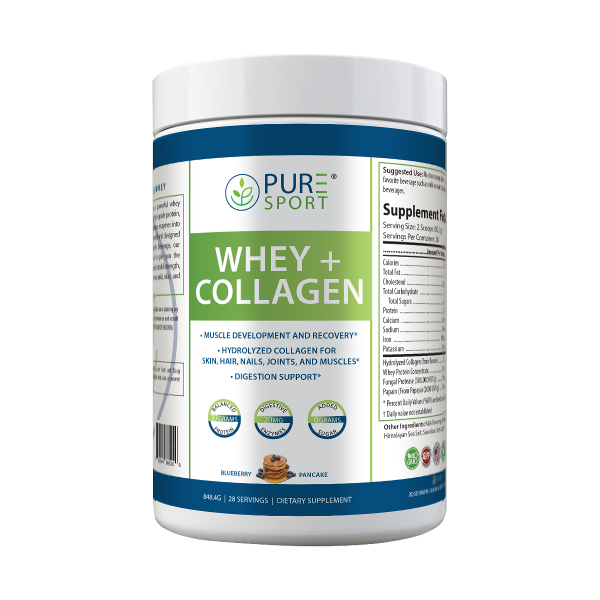 PURE® Whey + Collagen Protein Powder | 848g, 27g Protein, 28 Servings, Vanilla Bean and Blueberry Pancake, Muscle Recovery, Skin & Joints, USA-Made!