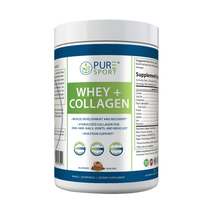 PURE® Whey + Collagen Protein Powder | 848g, 27g Protein, 28 Servings, Vanilla Bean and Blueberry Pancake, Muscle Recovery, Skin & Joints, USA-Made!