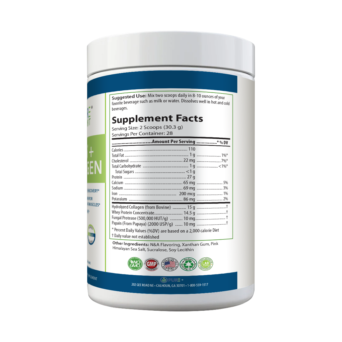 PURE® Whey + Collagen Protein Powder | 848g, 27g Protein, 28 Servings, Vanilla Bean and Blueberry Pancake, Muscle Recovery, Skin & Joints, USA-Made!