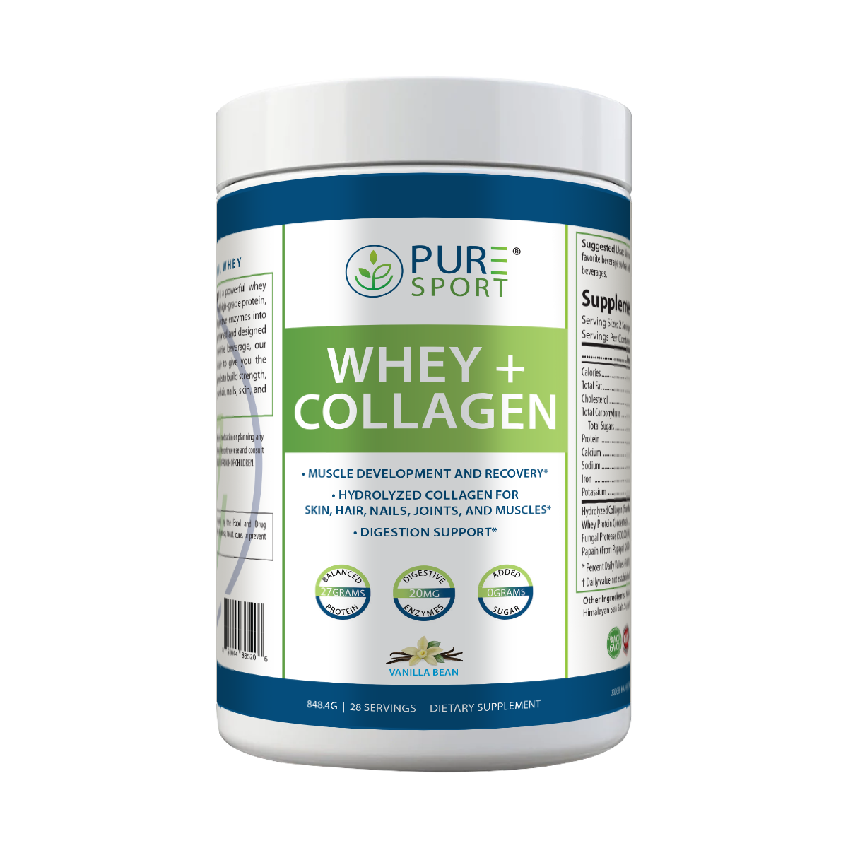 PURE® Whey + Collagen Protein Powder | 848g, 27g Protein, 28 Servings, Vanilla Bean and Blueberry Pancake, Muscle Recovery, Skin & Joints, USA-Made!