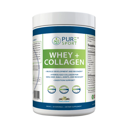 PURE® Whey + Collagen Protein Powder | 848g, 27g Protein, 28 Servings, Vanilla Bean and Blueberry Pancake, Muscle Recovery, Skin & Joints, USA-Made!