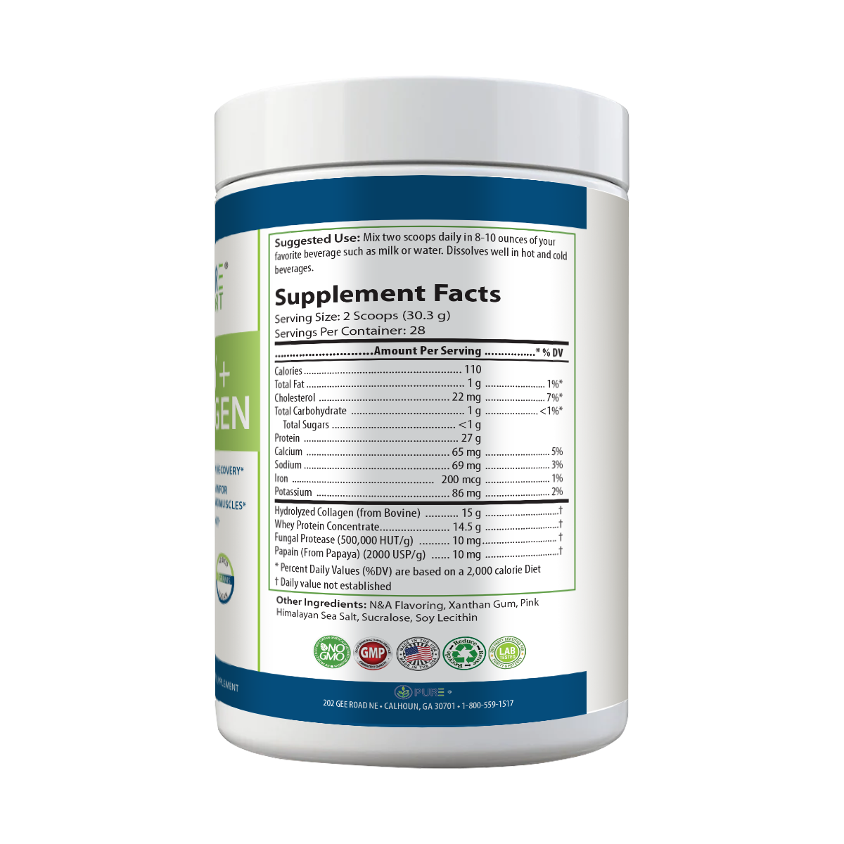 PURE® Whey + Collagen Protein Powder | 848g, 27g Protein, 28 Servings, Vanilla Bean and Blueberry Pancake, Muscle Recovery, Skin & Joints, USA-Made!