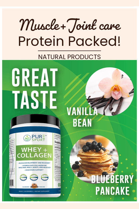 PURE® Whey + Collagen Protein Powder | 848g, 27g Protein, 28 Servings, Vanilla Bean and Blueberry Pancake, Muscle Recovery, Skin & Joints, USA-Made!