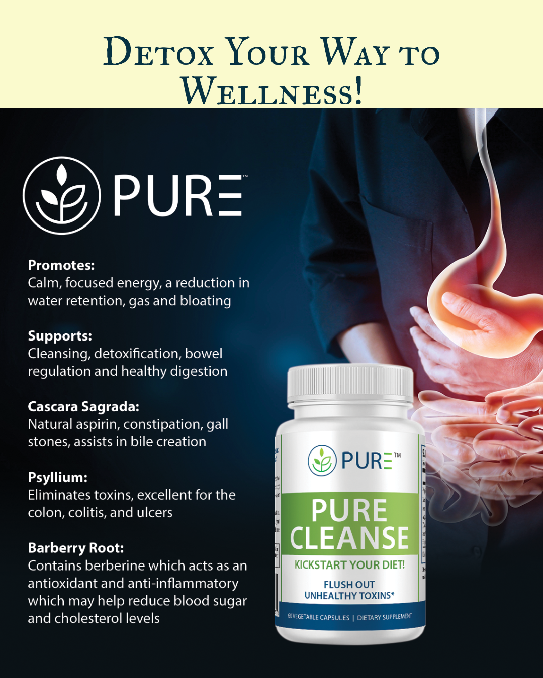 Pure Cleanse | Psyllium, Detox, Bloat Relief, Weight Loss, 60 Caps!