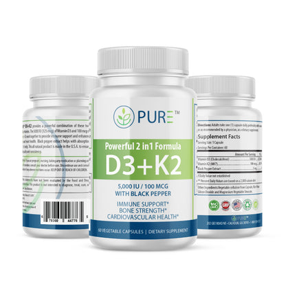 Three-bottle display of PURE® D3 + K2 dietary supplement showing the front, left, and right sides of the label. The center bottle highlights the product's name and benefits: “Powerful 2 in 1 Formula D3 + K2 – 5,000 IU / 100 MCG with Black Pepper – Immune Support*, Bone Strength*, Cardiovascular Health*.” Side bottles show supplement facts, suggested use, and additional product information. Each bottle contains 60 vegetable capsules.